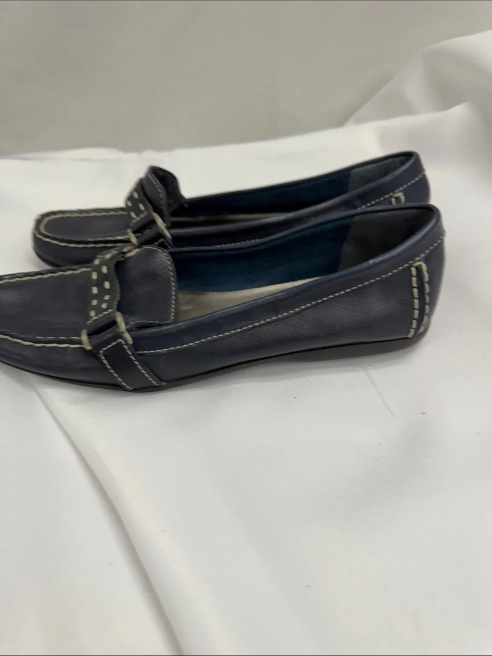 St. John's Bay Navy Leather Loafers with White Stitching